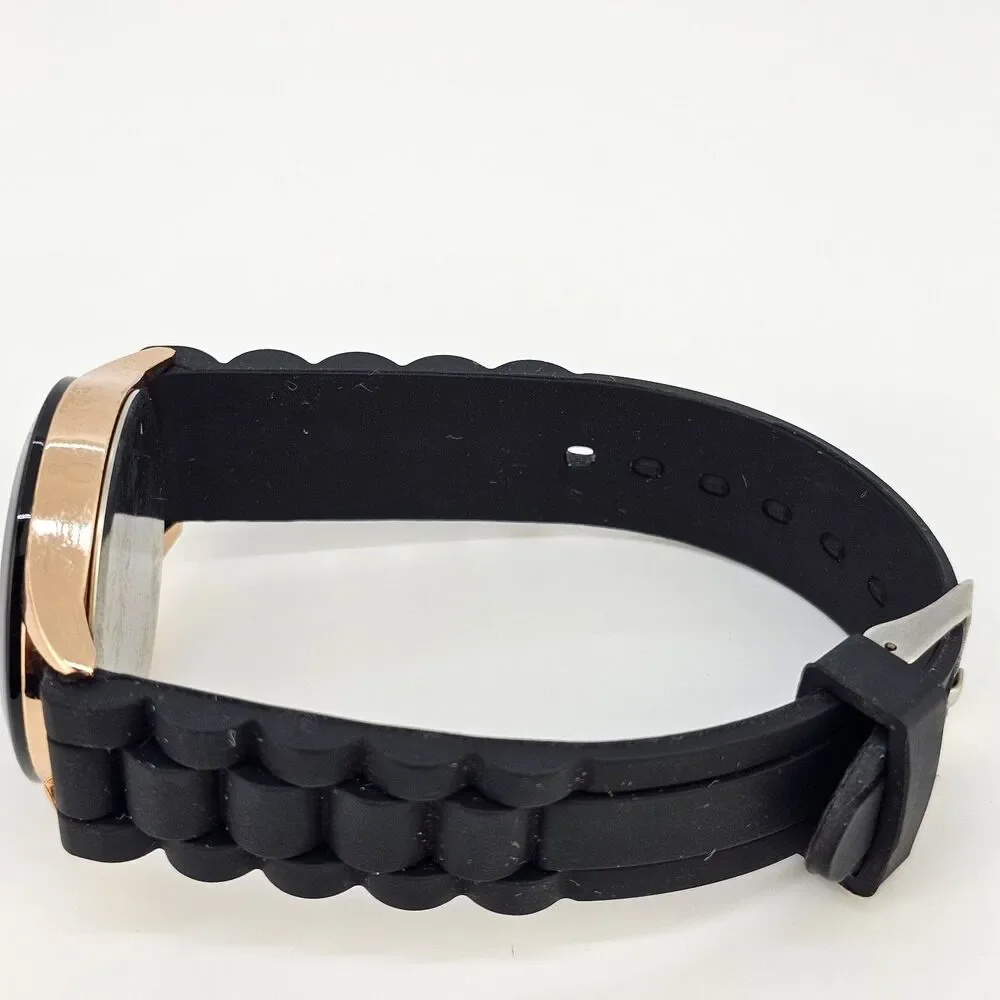 38MM Women's Watch Analog 38MM Black Dial Gold Case Black Plastic Bands New Batt